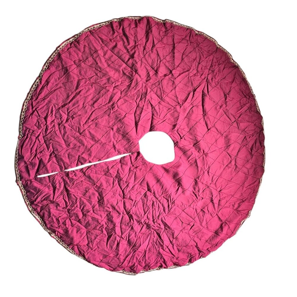 Rodeo Home Maroon Quilted Christmas Tree Skirt 54 in Gold Trim Satin Backing